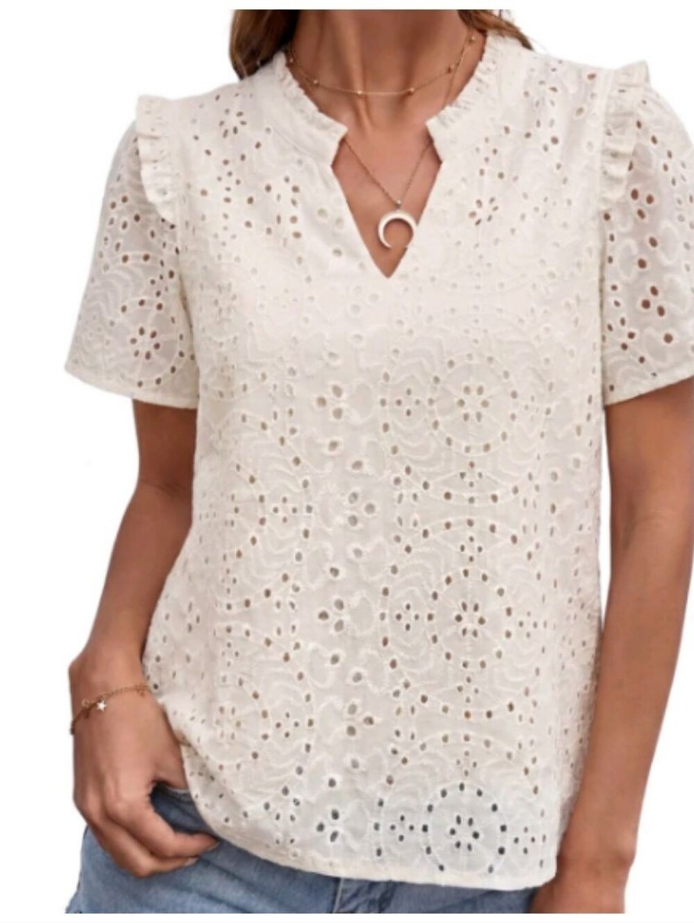 Bundle PRETTYGARDEN V Neck Eyelet Short Sleeve Top S